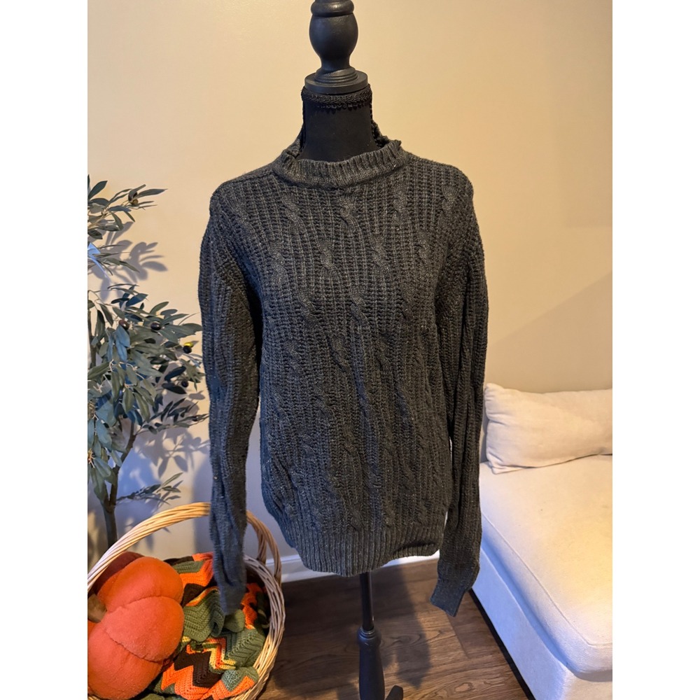 Grass Roots Terramar Silk Lambswool Cable Knit Sweater Gray Mock Neck Mens M